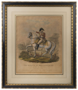 THE MARQUIS OF WELLINGTON. K.B. by Henry Swinburne Minasi, Published by Colnaghi & Co., hand-coloured etching, 1813, 42 x 33cm. Dedicated to Lady Anne Culling Smith. Mounted portrait of The Marquis of Wellington pointing into the distance, several cavalr