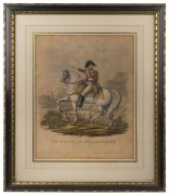 THE MARQUIS OF WELLINGTON. K.B. by Henry Swinburne Minasi, Published by Colnaghi & Co., hand-coloured etching, 1813, 42 x 33cm. Dedicated to Lady Anne Culling Smith. Mounted portrait of The Marquis of Wellington pointing into the distance, several cavalr