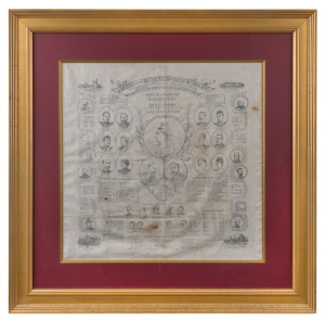 "A Souvenir of the Record Reign of Queen Victoria 1897", printed handkerchief, 49 x 49cm (visible portion) framed & glazed, 73.5 x 73.5cm overall.