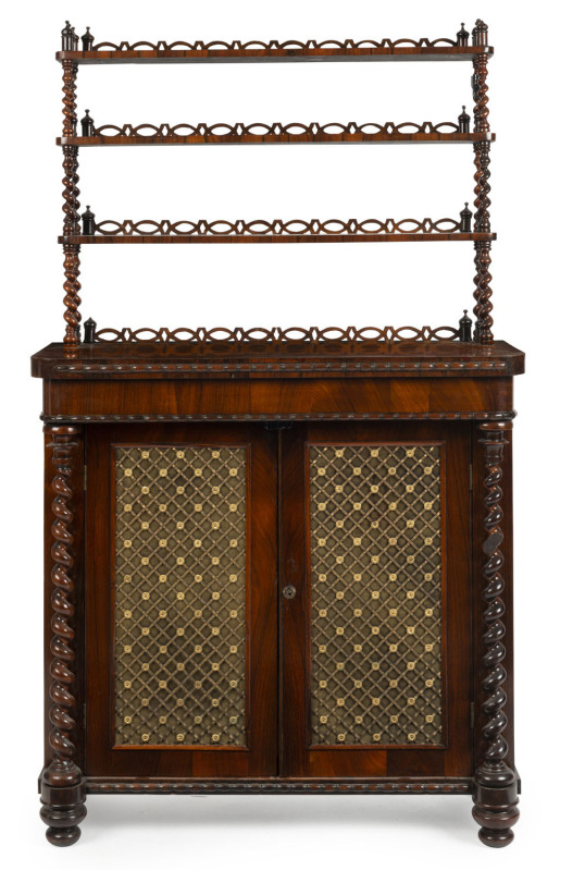 A fine English credenza, rosewood veneer with barley twist columns, mid 19th century, 157cm high, 92cm wide, 36cm wide