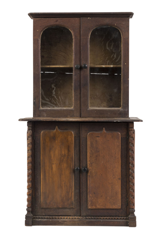 Apprentice bookcase, Australian cedar and pine, circa 1875, full cabinet maker construction with nice attention to details, finish worn and untouched, 58cm high, 33.5cm wide, 17cm deep