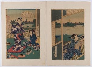 Two Japanese woodblock prints of Geisha women, 19th century, 36.5 x 24.5cm and 36 x 25cm