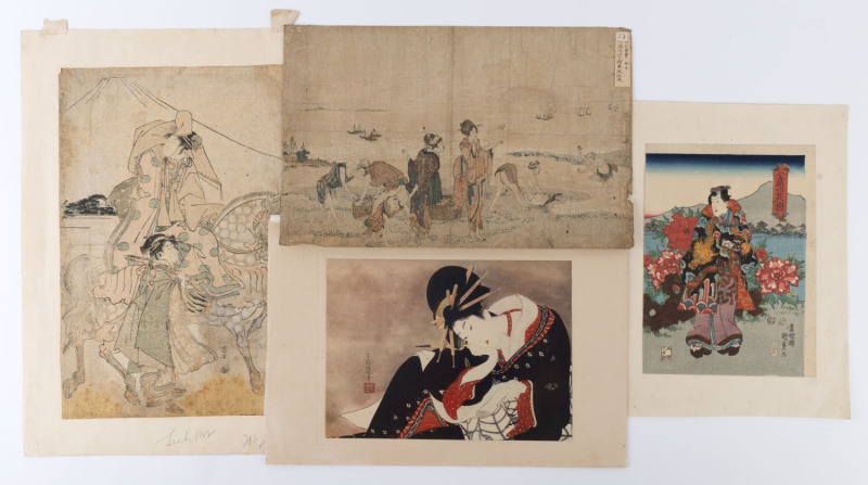 Three Japanese woodblock prints and a facsimile print, 19th and 20th century, (4 items), the largest 38.5 x 25.5cm