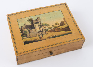 An Italian blonde wood workbox with pictorial top, 19th century, 5.5cm high, 20.5cm wide, 16cm deep