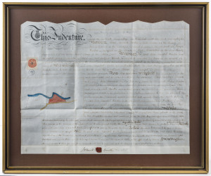 LEGAL DOCUMENTS: A collection of 1880s - 1900s framed & glazed indentures and conveyances, mainly English; all with appropriate revenue stamps, signatures and hand-drawn maps, where relevant. (11 items). The largest 64 x 78cm.