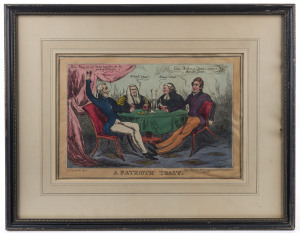 POLITICAL SATIRE: A Patriotic Toast, A. Sharpshooter Fect., Pub. Feb 25, by S. Gans, 15 Southampton St. Strand. Hand-coloured etching, Plate: 24 x 35cm. Wellington, Peel, Lyndhurst, and Scarlett toast as they display indifference to the distress of agricu