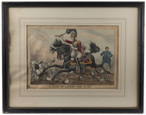 POLITICAL SATIRE: A Kick Up Among the Wigs, William Heath, 1828, Pub. by Tho. McLean, 26 Haymarket, London. Hand-coloured etching, plate: 25 x 35cm. The Duke of Wellington charges on horseback through a crowd of little wigs (i.e., Whigs) in this satire on