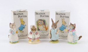 John Beswick ceramic figurines, circa 1981: Beatrix Potter characters: "Ribby", "The Old Woman who lived in a shoe knitting", "Tabitha Twitchett" and "Mrs Flopsy Bunny"; all "as new"; 2 with original boxes. (4 items).