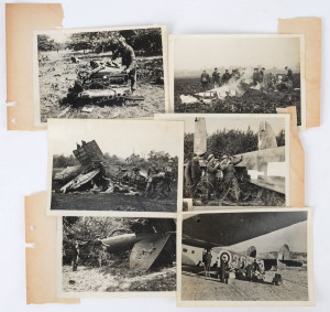 BRITISH OFFICIAL AIR MINISTRY PHOTOGRAPHS: A collection of 1930s-40s original photgraphs with explanations affixed verso; noted "Italian Bombers shot down in England Nov.1940", "One of the Seven Downed German Planes 19.6.40", "Another Nazi Bomber shot dow