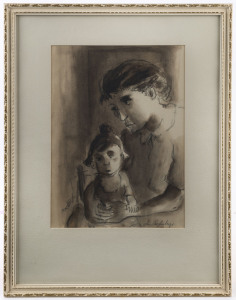 IRIS AMPENBERGER (South African, 1916-81), Mother and Child, watercolour & charcoal, signed lower right,