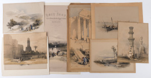 DAVID ROBERTS (1796 - 1864), hand-coloured lithograph, being the title page of "The Holy Land, Syria, Idumea, Arabia, Egypt & Nubia" (1839), "Baalbec" together with six hand-coloured lithographs from the same volume, all approx. 24 x 34cm, with subjects i