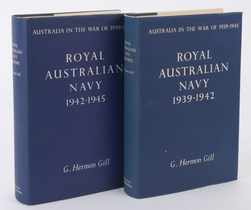 "Royal Australian Navy 1939-1942" (686pp) & "1942-1945" (753pp) by G. Hermon Gill, published 1957 & 1968 respectively by the Australian War Memorial (Canberra), both editions with dust jackets. (2)