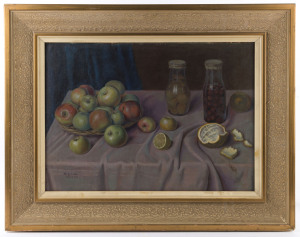 ARTIST UNKNOWN, still life with fruit, oil on artist board, signed (indistinctly) lower left, 44 x 61cm.