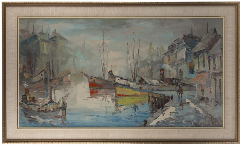 PABLO MATANIA (Brazil, born 1936), harbour scene, oil on board, signed lower right,