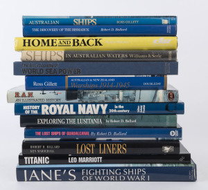 MARITIME & NAVAL: selection of hardbound titles, several of "coffee-table" magnitude including "Lost Liners" by Ballard & Archbold, "Titanic" by Leo Marriott, "Jane's Fighting Ships of World War I" & "The Royal Australian Navy" by George Odgers; also "Exp