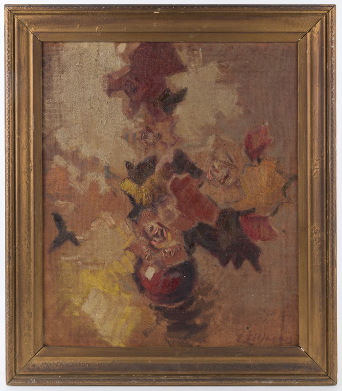 ERIC RUDOLF ZILINSKIS (Latvia, England, 1912-1990) Orange Roses, oil on board, circa 1950, signed lower right, 60 x 50cm. Titled, with Zilinskis' London address and priced (16 Guineas) verso. Zilinskis was the Latvian Consul to London 1947-1987.