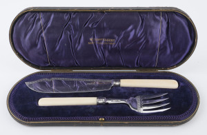 Antique sterling silver and ivory fish servers in original plush fitted box, retailed by William Batty & Sons of Manchester and Liverpool, the box 35cm long