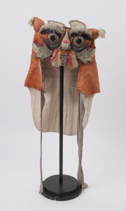 An antique Chinese hand-made theatre bonnet, embroidered silk and cotton, early 20th century, ​61cm high