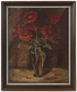 ARTIST UNKNOWN, Zinnias, oil on board, signed (indistinctly) lower right, 47 x 37cm.