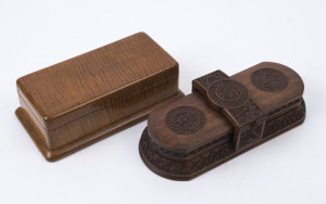 An Indian carved padouk desk set together with an Australian fiddleback maple box, 19th and 20th century, (2 items), the desk set 28cm wide