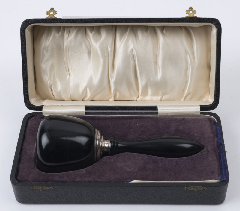 An English sterling silver mounted presentation gavel engraved "Mrs. M. G. Edwards, April 27th, 1933", in original box, the box 23cm wide