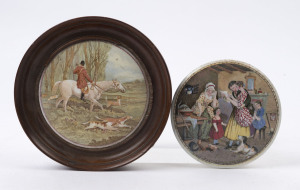 Two Pratt ware pot lids (one framed), titled "The Master Of The Hounds" and "A Letter From The Diggings", 19th century, 11cm diameter