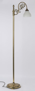 An antique brass standard lamp with milk glass shade, early 20th century, ​155cm high