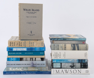 POLAR EXPLORATION: A shelf of books, mainly hardcover with d/jackets, including "Willis Island" by Davis (1923, signed), "Polar Exploration" by Croft (1939), "The Crossing of Antarctica" by Fuchs & Hillary (1958), "The Far South" by Bechervaise (1961), "B