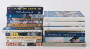 MOUNTAINS & MOUNTAINEERING: A shelf of books including "Mountains and Men" by Noyce (1947),"Mountains of Memory" by Lunn (1948), "The Alpine Annual 1950" (h/s, d/j), "The Mountain World" 1953, '54 & '55 (all h/cover with d/js), "High Mountains" by Meade (