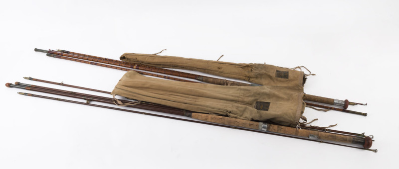 Two vintage fishing rods by HARDY'S, one for trout the other for salmon, both in original canvas carrying pouches, one rod with 2 tips, the other with 4 tips, early 20th century, pouches 150cm long