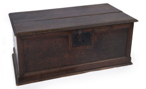 An antique English elm and oak blanket box, carved with the initials "D. P. 1693", 19th century or earlier, ​32cm high, 77cm wide, 40cm deep