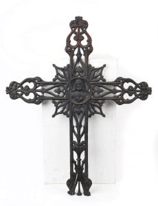 An antique French crucifix, painted cast iron, 19th century, 93cm high, 73cm wide