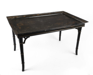 A chinoiserie style coffee table with metal tray lift-top, 20th century, 47cm high, 82cm wide, 53cm deep