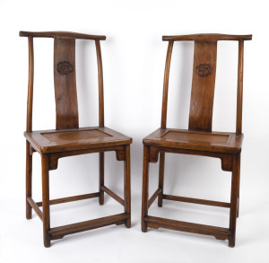 A pair of antique Chinese timber chairs with finely carved splats and later woven cane seats, ​110cm high