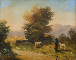 ARTIST UNKNOWN (European School), rural scene, oil on board, signed lower right (illegible), housed in an ornate gilt frame, ​23 x 29cm