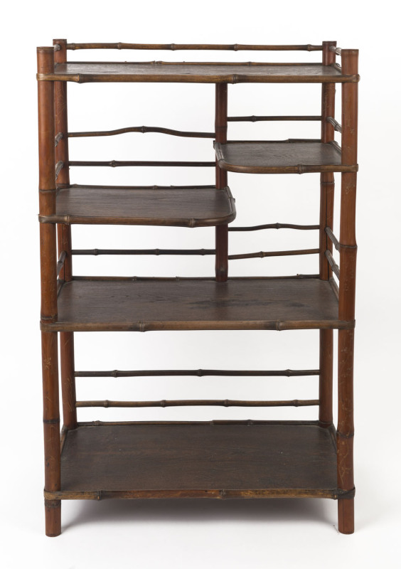 A Japanese bamboo and lacquer hardwood 5 shelved wotnot of naturalistic form, late19th century, 82cm high, 52cm wide, 28cm deep