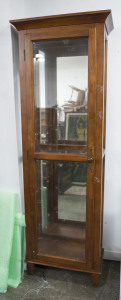 Two vintage upright display cabinets, bevelled glass and timber, 20th century, ​the larger 199 high, 79cm wide, 43cm deep