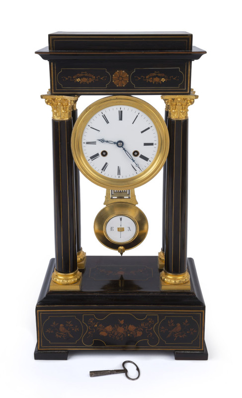 An antique French Portico clock with inlay timber case and gilt metal mounts, 19th century, 51cm high