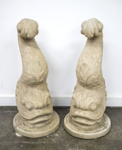 A pair of dolphin garden statues, composition stone, 19th/20th century, 78cm high