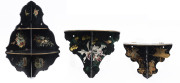 Three Papier Mache lacquer work folding corner shelves, 1 Japanese with a gilt fishing scene and 2 French with floral transfer decoration and simulated green tortoise shell ground with orchid decoration, circa 1900, (3 items), the largest 42cm high,19cm d