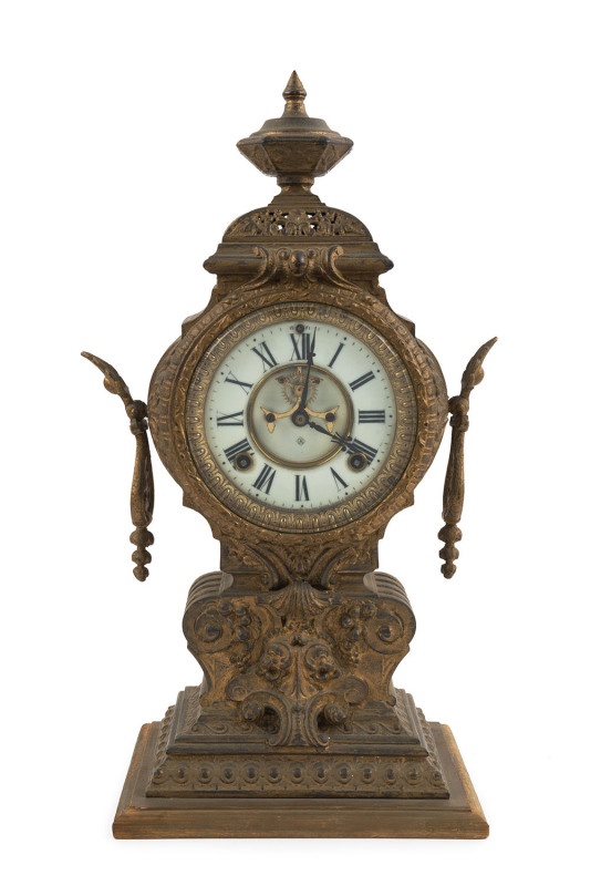 ANSONIA American mantel clock in gilt metal case, 8 day time and strike movement with open escapement, late 19th century, with key and pendulum, 46cm high