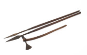 A fighting axe and two throwing spears, decorated wood and steel, Zulu tribe, South Africa, late 19th century, (3 items), 50cm, 99cm and 101cm high