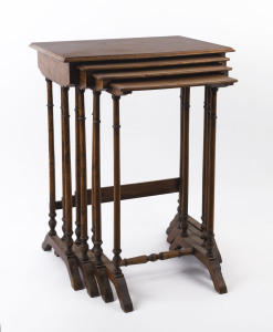 A nest of four side tables, walnut with string inlay, late 19th early 20th century, the largest 73cm high, 56cm wide, 39cm deep