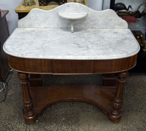 An English mahogany washstand with marble top, circa 1875, ​98cm high, 106cm wide, 56cm deep