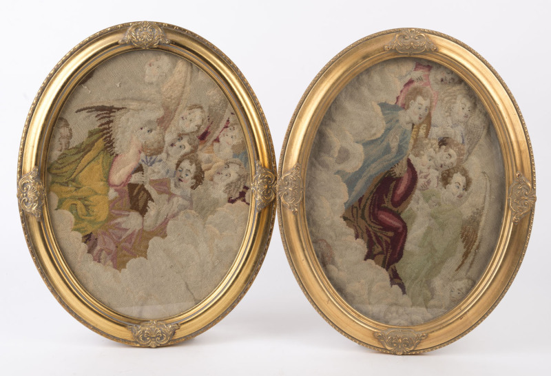 A pair of antique tapestries of angels in oval gilt frames, 19th century, ​48 x 37cm overall