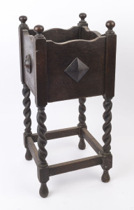 A palm tub planter stand, stained oak with barley twist legs, circa 1920, ​70cm high, 31cm wide, 31cm deep