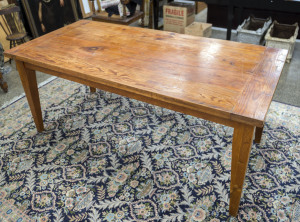 A provincial farmhouse scullery table with breadboard ends, Baltic pine, 20th century, 76cm high, 181cm wide, 86cm deep