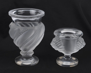 LALIQUE two French glass vases, mid 20th century, engraved "Lalique, France", 15cm and 10cm high