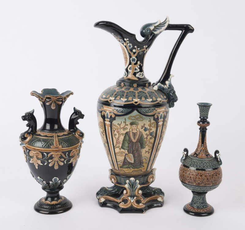 GERBING & STEPHAN German majolica Chinoiserie ewer, urn and vase, 19th century, (3 items), impressed marks to bases, ​the largest 35cm high