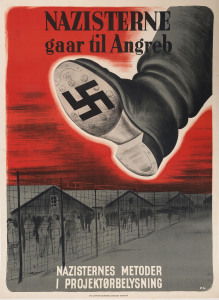 DANISH ANTI-NAZI POSTER: WW2-era anti-Nazi propaganda poster "NAZISTERNE gaar til Angreb" [The Nazis go on the attack...], lithograph in colour, artwork by "E.S." and printed by Dyva & Jeppesens Bogtrykkeri Aktieselskab, Copenhagen. 85 x 62cm, laid down 